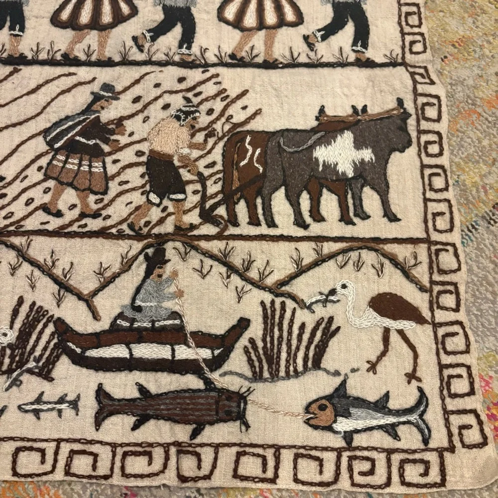 Vintage Folk Art Embroidery Peruvian Wall Tapestry Peru Artisan Fishing Farming